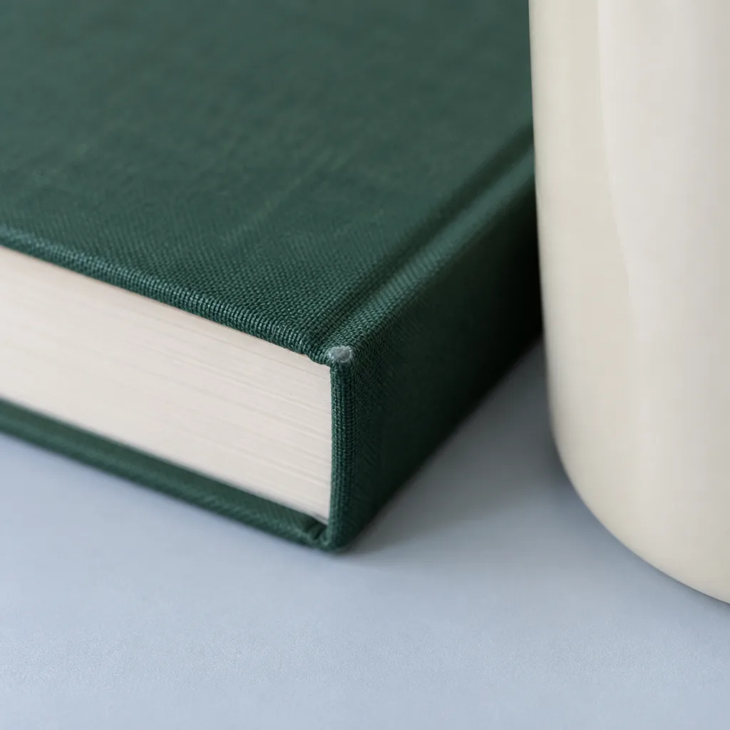 Close-up sudut buku bersampul kain hijau dengan satu penyok kecil di ujungnya, di sebelah permukaan krem yang mulus.