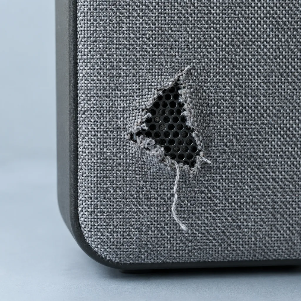 Close-up kain depan speaker abu-abu yang robek sampai kisi logam hitam di baliknya terlihat, ada benang lepas menggantung.